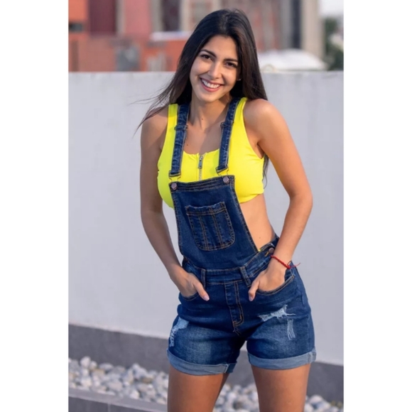 Carbun Pants - Blue denim turn up cuffs short overalls size xlarge